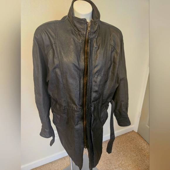 Black Belted Trench Coat with Stand-Up Collar - Picture 5 of 12